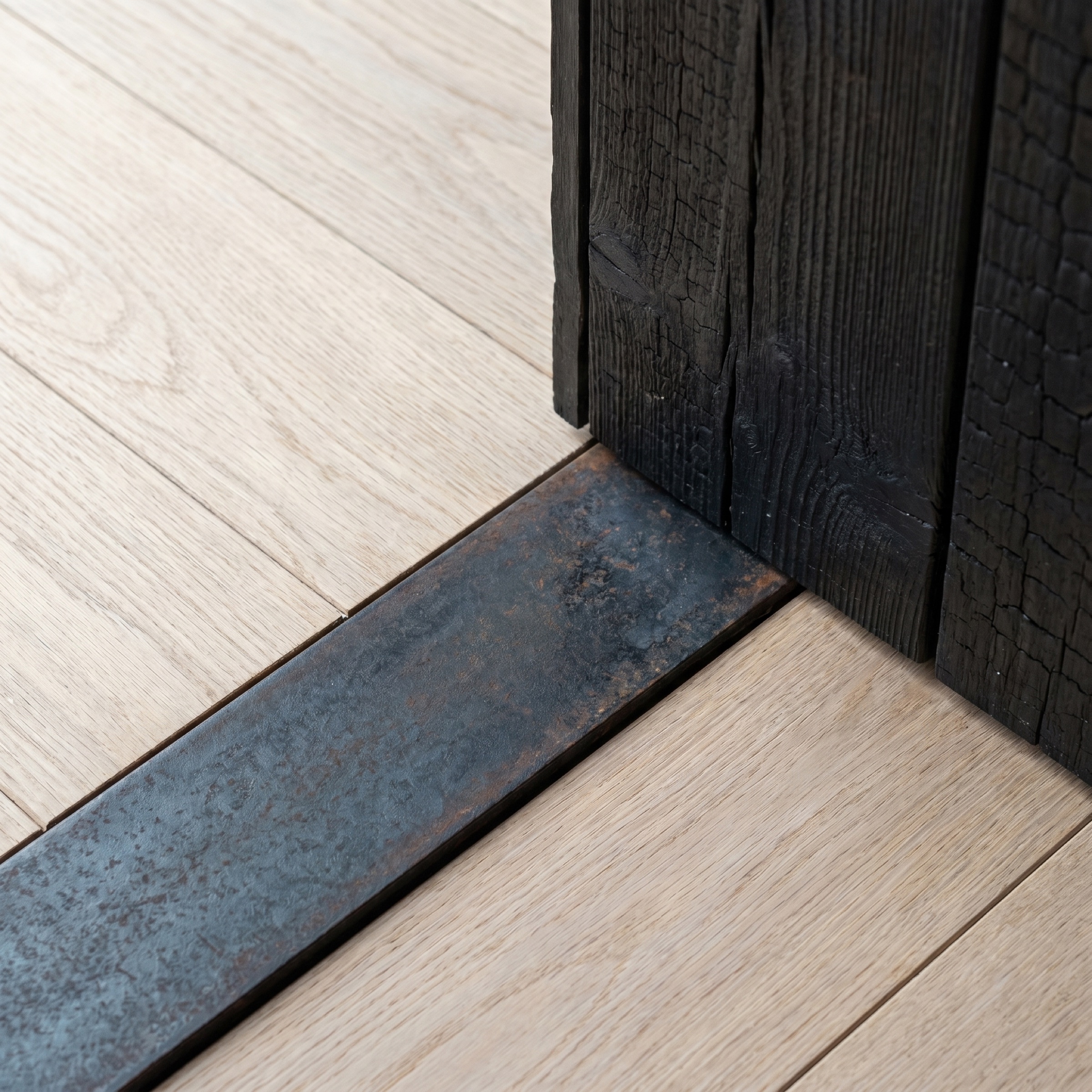 Detail junction — oak floorboard meets oxidized blackened steel threshold meets charred larch wall cladding