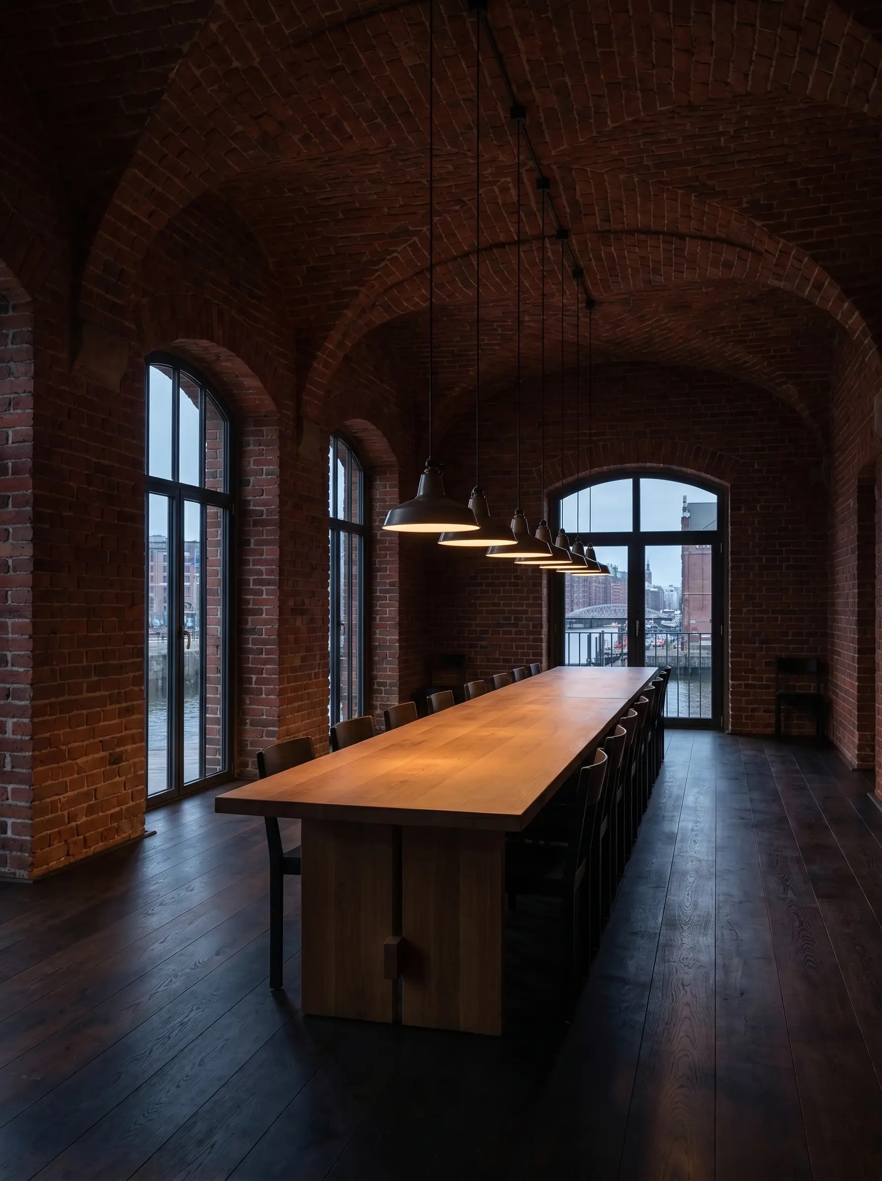 Restaurant Mørk dining hall, Hamburg Speicherstadt — converted brick warehouse, oak refectory table